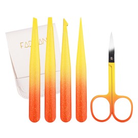 FADVAN Professional Tweezers Set - 4 Pieces Stainless Steel Precision Tweezers Set + 1 Pair Stainless Steel Non-Slip Eyebrow Scissors with Packaging Bag (Orange - 5 Pieces)