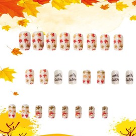 Maple Leaves Fall Thanksgiving False Nails - Short Square Acrylic Full Cover Coffin Glue on Nails for Women, Festival & Autumn Maple Leaves Letter Design
