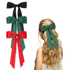 3 Pack Hair Bows Clips Bowknot Tassel Bow Hair Clips with Long Tail, Black Hair Bows for Women Girls(Black, Red, Green)