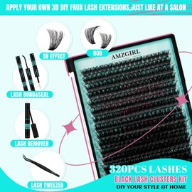 Lash Extension Kit,DIY Individual Lashes Clusters Kit,Lash Bond And Seal,Lash Remover For Eyelashes Extensions,Lash Applicator Tool For False Eyelash Cluster Kit 320Pcs At Home(80D,D-Mix10-16|Kit)