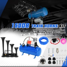 PTNHZ 150DB Train Horns Kit 12V 150PSI Air Compressor Tank Pump w/6 Liter 1.6 Gallon Tank + Super Loud Black 4 Single Row Trumpet For Train Truck Boat Pickup Motorhome