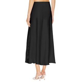 UEOIOW Floral Lace Patchwork Skirts for Women Long Length High Waist Satin Silk Elastic Skirt Black M