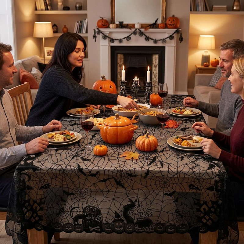 1Pack Halloween Table Cloth, Black Lace Design with Pumpkin Bat