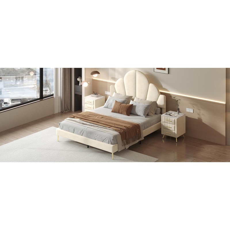 Queen Size Upholstered Bed Frame with Elegant Design, Modern Velvet