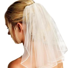 AWOCAN Bridal Wedding Veil Women's Short Wedding Veils Rhinestone Pearl Bridal Veil Bride Headband Decoration for Wedding Party (white-B, ONESIZE)