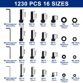 Zuorery 1230PCS Metric Screw Assortment Kit M2 M3 M4 M5, 12.9 Grade Alloy Steel, Hex Socket Head Cap Bolts Nuts Washers Set, Black Zinc Plated Anti-Rust Screws for 3D Printer DIY