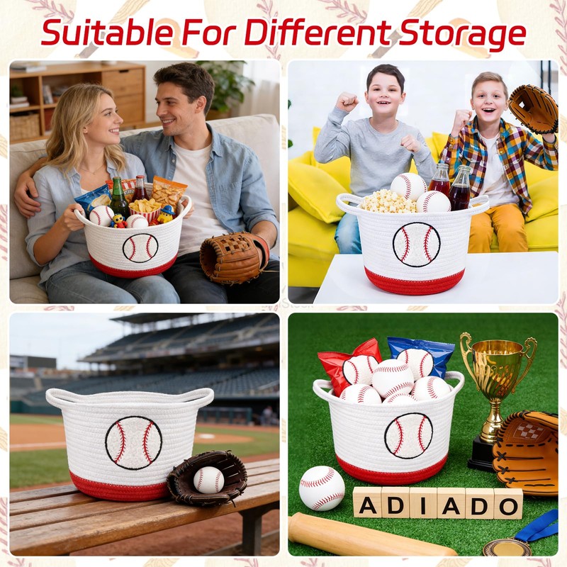 Baseball Woven Basket-Cute Cotton Rope Gift Basket Embroidered Baseball
