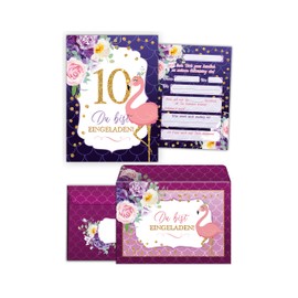 JuNa-Experten 12 Invitation Cards with 12 Envelopes for Children's 10th Birthday Girls Flamingo Invitations for Tenth Birthday