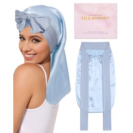 AWAYTR 100% Mulberry Silk Bonnet - Long Hair Cap for Sleeping Tie Band Bonnet for Braids Curly Hair (Sky Blue)
