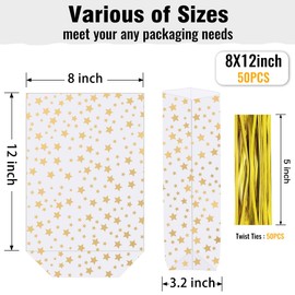 ZIMCEMS 50Pcs 8X12 inch Bottom Gusset Bags Gold Star Printed Clear Cellophane Gift Bags Plastic Gift Wrap Cello Bags for Party Favor Treats, Goodie,with 5" Twist Ties