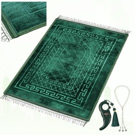 FUMMI Soft Padded Muslim Prayer Rug with Tasbih Beads, Thick Non-Slip Islamic Prayer Mat, Luxurious Janamaz for Men & Women (Green)