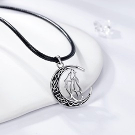 REIOT Wolf Necklace Men, Viking Moon Wolf Pendant with Faux Leather Cord Chain, Nordic Amulet Necklace Men