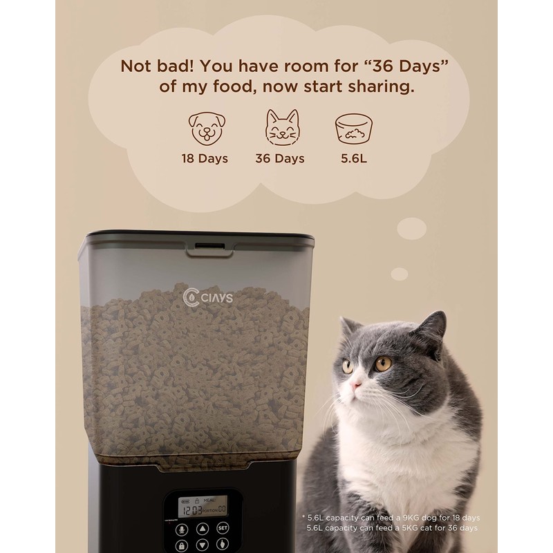 Ciays Automatic Cat Feeder, 5.6L, 4 Meals Per Day, Pet
