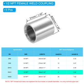 PATIKIL 3/4" NPT Female Weld Coupling, 5 Pack 304 Stainless Steel Threaded Half Coupling Weld On Bung Fittings Connector for Pipe Fuel Tank