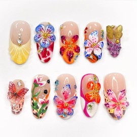 24Pcs Flower French False Nails Medium Almond, 3D Colorful Spring Floral Butterfly Press on Nails, Gold Beads Rhinestones Charms Fake Nails in 12 Sizes, Full Cover Stick on Nail for Women Manicure Art