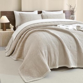 Sanracie Cotton Quilt King(110"x98"), Wheat Colored Soft Waffle Weave Quilt Set 3Pcs Lightweight Breathable Farmhouse King Size Bedding Coverlet for All Seasons