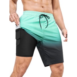 SILKWORLD Men's Swim Trunks Quick Dry Beach Shorts with Compression Liner and Zipper Pocket, Gradient-Green Black, X-Large