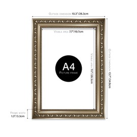 Almost Frameless A4 Gunmetal Ornate Picture Frame Fits A4 (21 x 29.7cm - 8.3 x 11.7in) Poster, Photo, Artwork, or Print. Baroque Style Portrait and Landscape Display with Wall Hooks