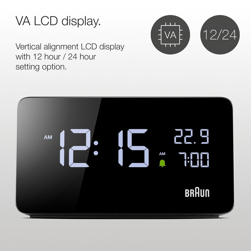 Braun Digital Alarm Clock with LCD Display, 2x USB-C ports