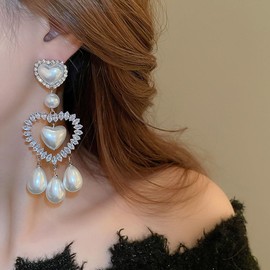 Missgrace Bridal Wedding Silver Hypoallergenic Rhinestone Love Earrings Dangling Sparkly Faux Pearls Dangle Earrings Chandelier Earrings Tassel Large Studs Crystal Statement Earrings for Women