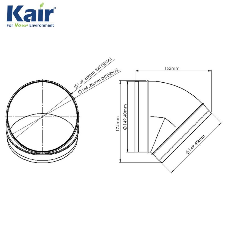 Kair 45 Degree Elbow Bend 150mm - 6 inch Round