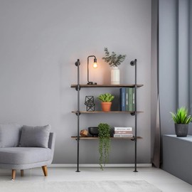 HBLYJS Industrial Pipe Shelving System with 4 Tiers, Black Iron Wall Mount, Floor to Ceiling Storage Rack, Rustic Farmhouse Style, DIY Bracket Supports (No Planks)