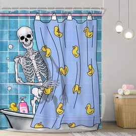 Riyidecor Funny Gothic Skull Shower Curtain 60Wx72H Inch Kids Spooky Skeleton in Bathtub Bathing Rubber Duck Cool Hilarious Modern Boys Bathroom Decor Fabric Polyester Waterproof 12 Pack Hooks