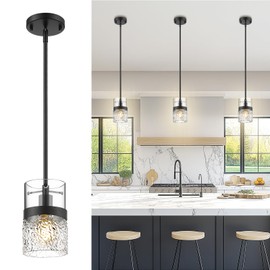 LMS 5 Inch Dia Black Pendant Light, Modern Hanging Lamp for Kitchen Island with Adjustable Rod, Medium Linear Light Fixtures with Hammered Glass, LMS-171PL-BKM