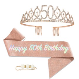 POPOYU 50th Fabulous Birthday Crown Sash Set Rose Gold Tiara Crown Birthday Crown for 50th Birthday Decoration, Princess Crowns Hair Accessories for Women, Birthday Gift, Party Supplies, Rhinestone