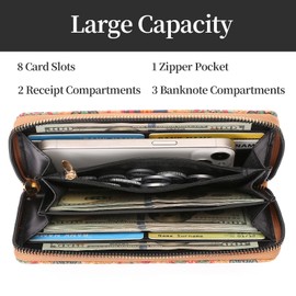 LEEXTON Multifunctional Women's Long Purse, Large Purse, PU Leather Wallet with 9 Card Slots, Wood Pattern, Retro