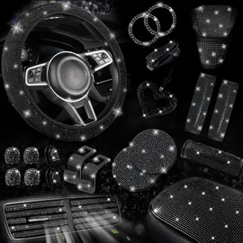 NBTEPEM Bling Car Accessories Set for Women, Black Steering Wheel Cover Seat Belt Cushion Glitter Shift Knob Cover Car Cup Holder Coaster Bling Car Hanging Accessories, Black 30 PCS