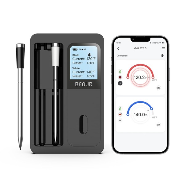 BFOUR True Wireless Meat Thermometer with 2 Meat Probes, 328FT Wireless Bluetooth Meat Thermometer with LCD Screen, Meat Thermometer for Grilling Smoker BBQ Oven Rotisserie Rechargeable