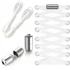 Retoo 1 Pair of Shoelaces Without Tying Length 100 cm x 5 mm, Elastic Shoe Laces with Metal Closure, Rubber Laces for Adults Children Runners, Adjustable, Quick Lacing System, White, black