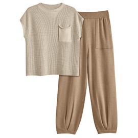 LILLUSORY 2 Piece Knit Sets For Women Trendy Sweatsuit Sets, Light Khaki, S
