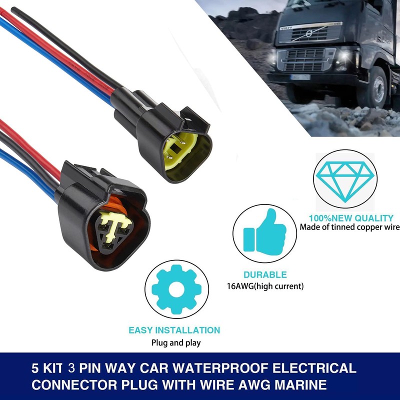 ZHOFONET Cable Connector Plug, 12 V 3 Pin Car Electrical
