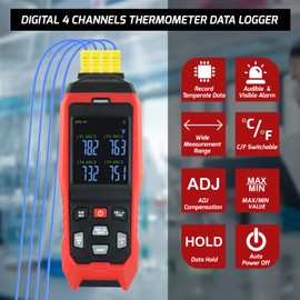 Thermocouple Thermometer Data Logger 4 Channels Digital K Type Thermometer with 5000 Groups Programmable Temperature Recording -328~2501℉ Measuring Range, Audible & Visible Alarm ADJ Compensation