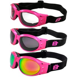 Birdz Eyewear Eagle Padded Womens Motorcycle Goggles 3 Pairs Pink Framse Pink Mirror Clear & Smoke Lenses