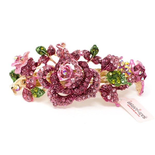New pink color Rhinstones Crystal gold Tone Metal rose flower hair claws clips Barrette