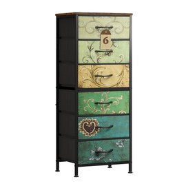 WLIVE Tall Dresser for Bedroom, 6 Drawer Dressers & Chests of Drawers, Fabric Dresser for Closet, Living Room, Night Stand with Metal Frame, Storage Tower with Fabric Bins, Wood Top, Floral Painted