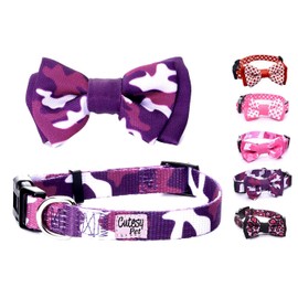 Cutesy Pet | Designer Dog Collar with Adjustable Bow | Comfortable and Strong | Durable and Cute and Made for Adventure | 5 Designs in 4 Sizes | Small, Medium, and Large Dogs | Purple Camo | Large
