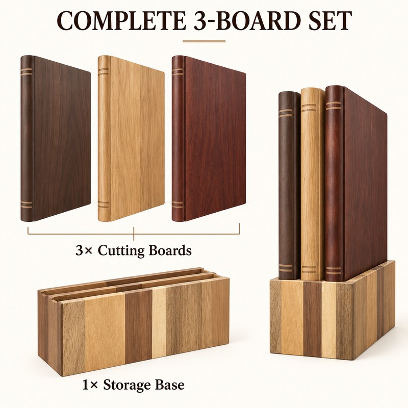 3-Piece Book-Shaped Wooden Cutting Board Set with Upright Storage Base