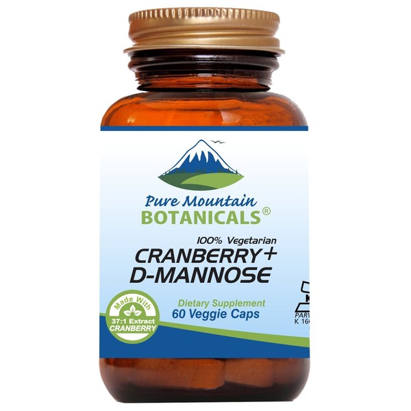 Pure Mountain Botanicals Cranberry D Mannose Capsules - 60 Kosher Vegan Caps - 1000mg D Mannose with Cranberry Concentrate Plus Vitamin C
