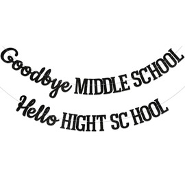 Goodbye Middle School Hello High School Banner - 8th Grade Graduation Party Decorations, Class of 2025 Congrats Grad Middle School Graduation Decorations Black Glitter