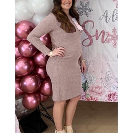 abkylie Fall Maternity Dress Maternity Midi Dress Maternity Dress for Baby Shower Maternity Dress for Photoshoot Pink Maternity Dresses Long Sleeve Maternity Dress (Pink M)