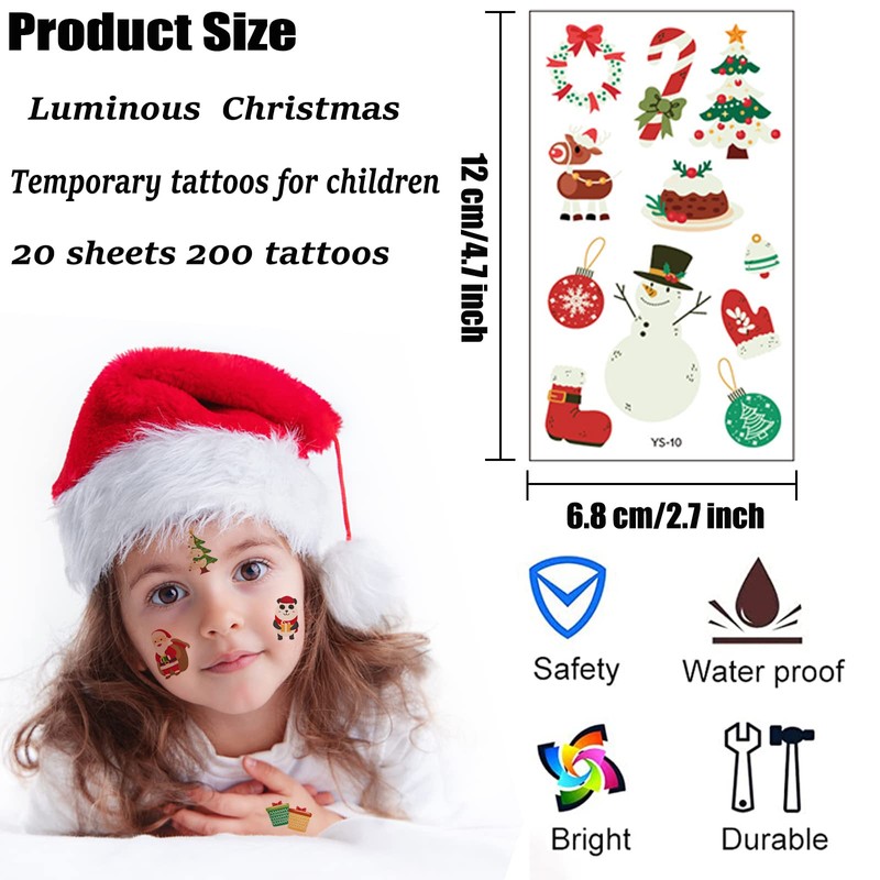 Flyftrey Tattoo Children, Waterproof Children's Tattoos (Luminous Christmas