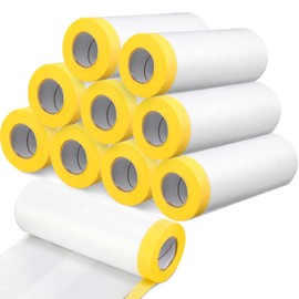 Seajan 9 Roll Painters Plastic with Tape Pre Taped Masking Film for Painting Automotive Paint Adhesive Protective Film Masking Tape Roll Plastic Painting Covering (White,5 x 65 Ft)