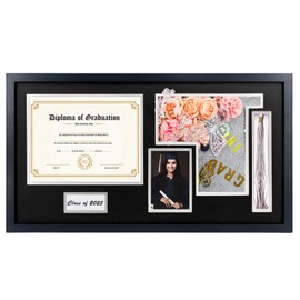Graduation Shadow Box Frame for 8.5x11 Diploma & 4x6 Photo with Graduation Cap & Tassel Holder Class of 2025 Wood Display Case Black Over White Mat