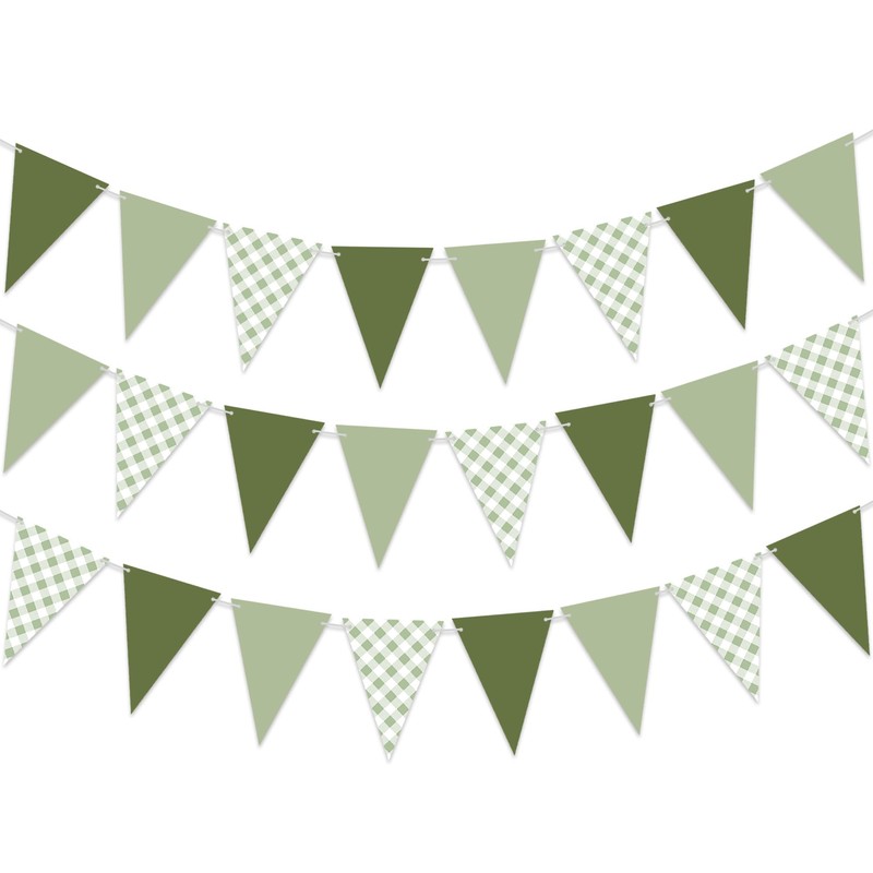 3Pcs Sage Green Gingham Pennant Banner Pre-Strung Triangle Flag Garland