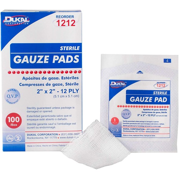 Dukal Woven Gauze Pads 2" x 2". Pack of 100 12-ply Disposable Cotton sponges for Wound Dressing, Cleaning, prepping, or Packing. Sterile, 100% Cotton.