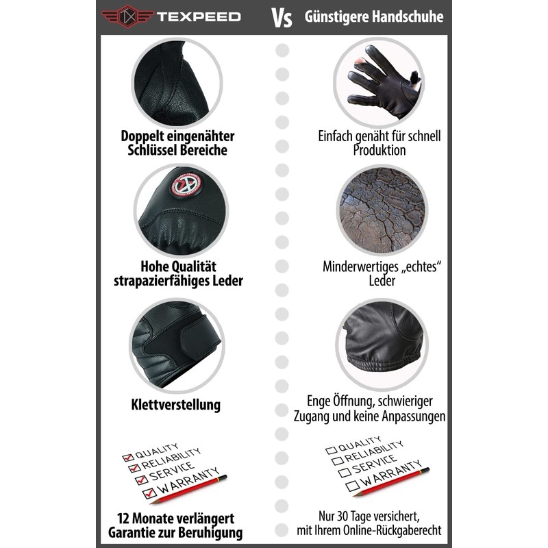 Texpeed Men's Leather Motorcycle Gloves - Waterproof Biker Moped Armoured